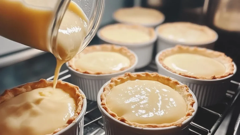 Step-by-step process of making baby lemon impossible pies: mixing ingredients, pouring batter into ramekins, and baking in the oven.