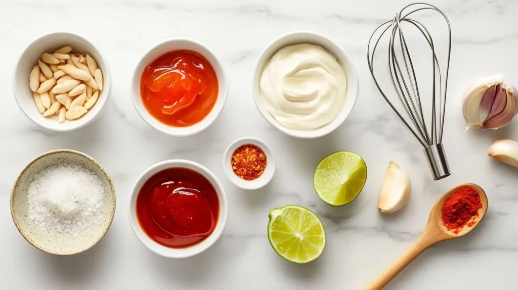 A flat lay of Bang Bang Sauce ingredients, including mayonnaise, sweet chili sauce, sriracha, honey, and lime wedges, arranged on a marble countertop.

