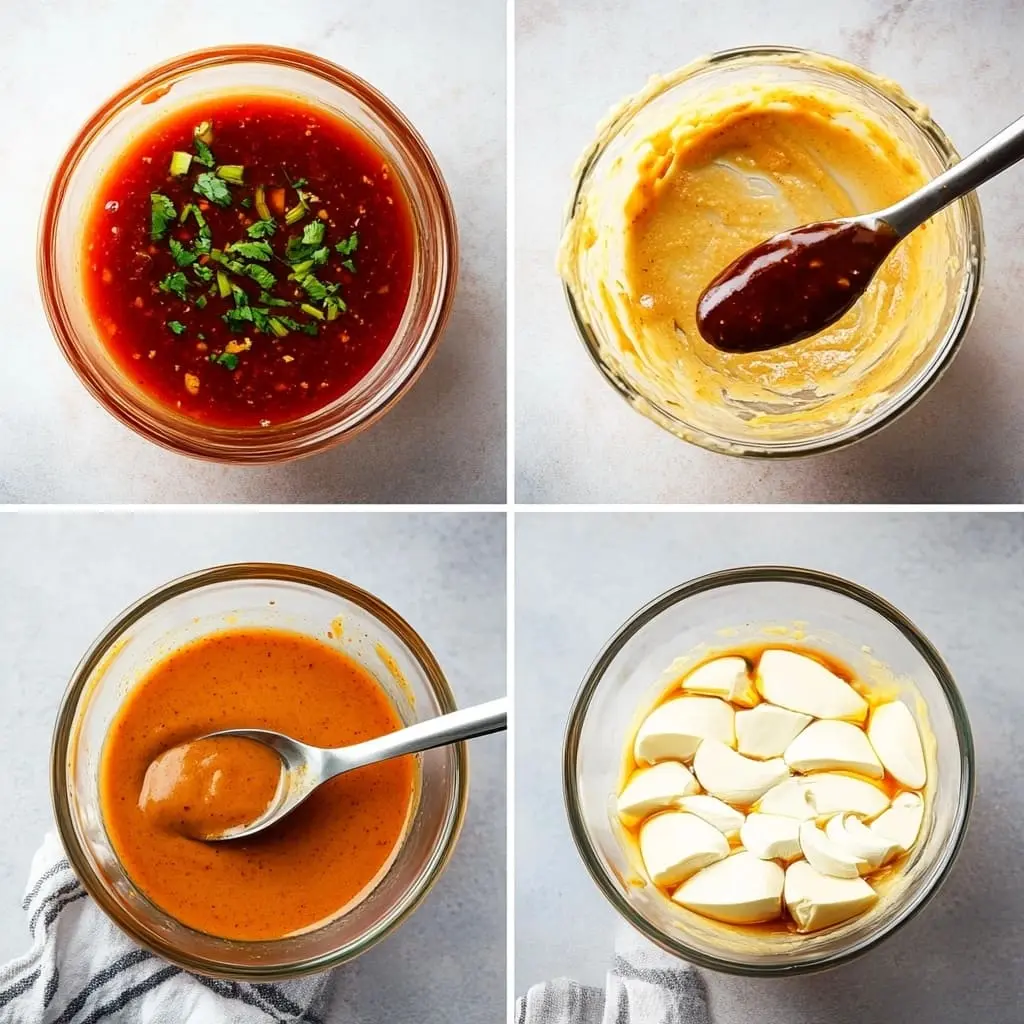 A four-step visual guide to making Bang Bang Sauce, from mixing the ingredients to whisking and serving, displayed on a marble countertop.

