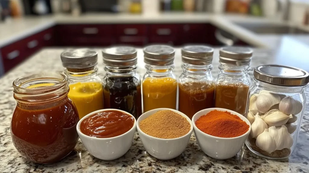 Ingredients for homemade BBQ sauce, including ketchup, brown sugar, vinegar  and spices.