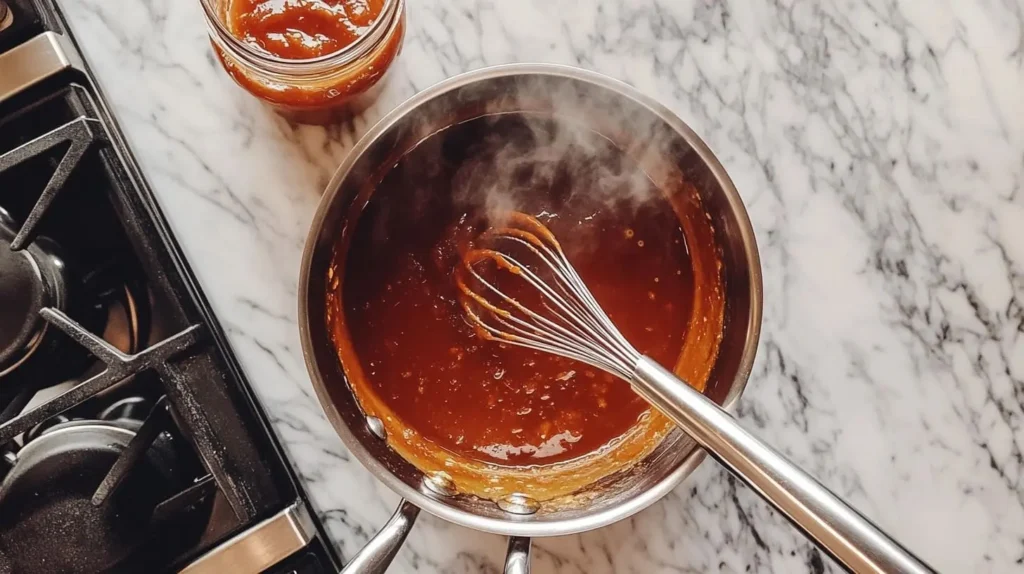 Step-by-step process of making homemade BBQ sauce in a saucepan, with a jar of finished sauce being drizzled.