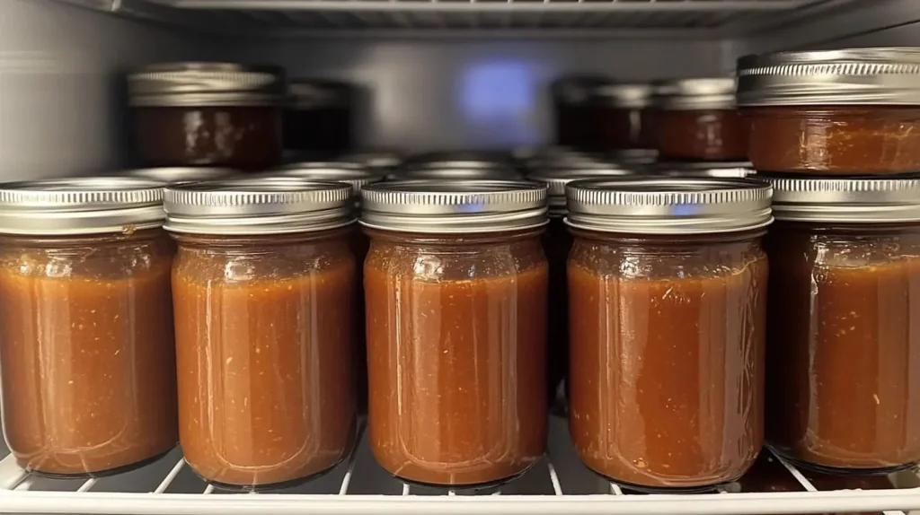 glass jars of homemade BBQ sauce stored in a fridge.