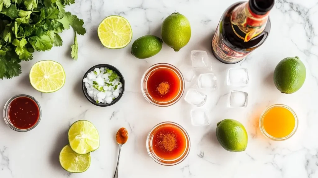 A flat lay of Michelada ingredients, including Mexican beer, fresh limes, hot sauce, Worcestershire sauce, and Tajín seasoning, displayed on a marble countertop.

