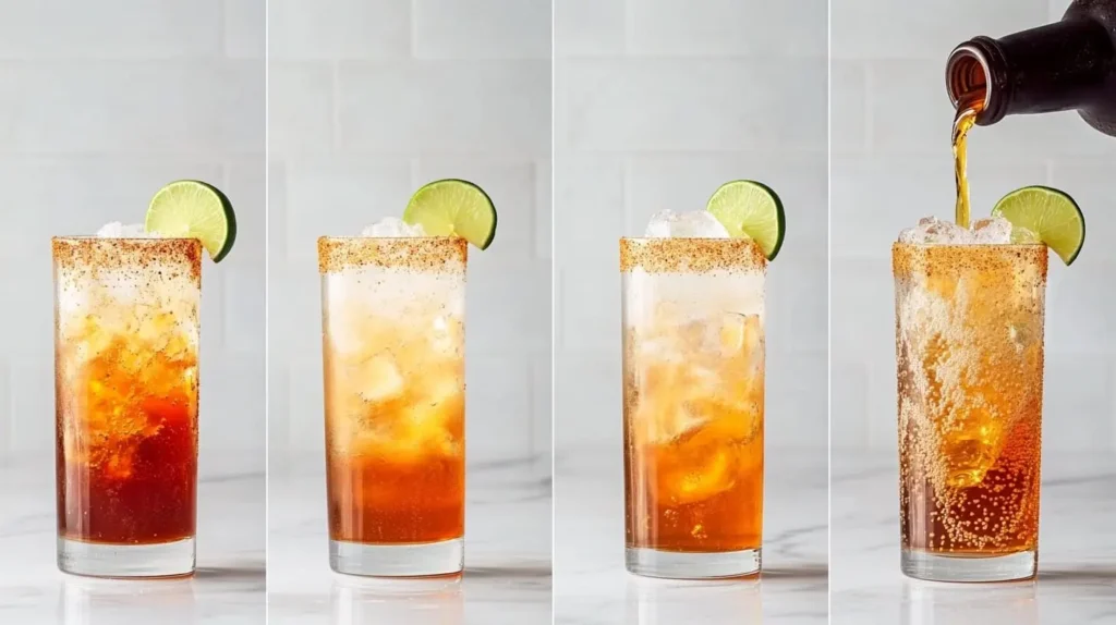 A step-by-step guide to making a Michelada, from rimming the glass and mixing ingredients to pouring beer and serving, set on a marble countertop.