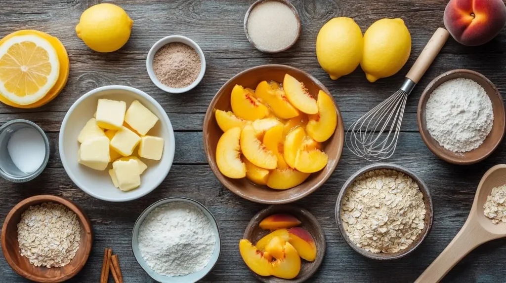 A flat lay of peach crumble ingredients including sliced peaches, flour, sugar, butter, oats, lemon, and cinnamon on a wooden surface.