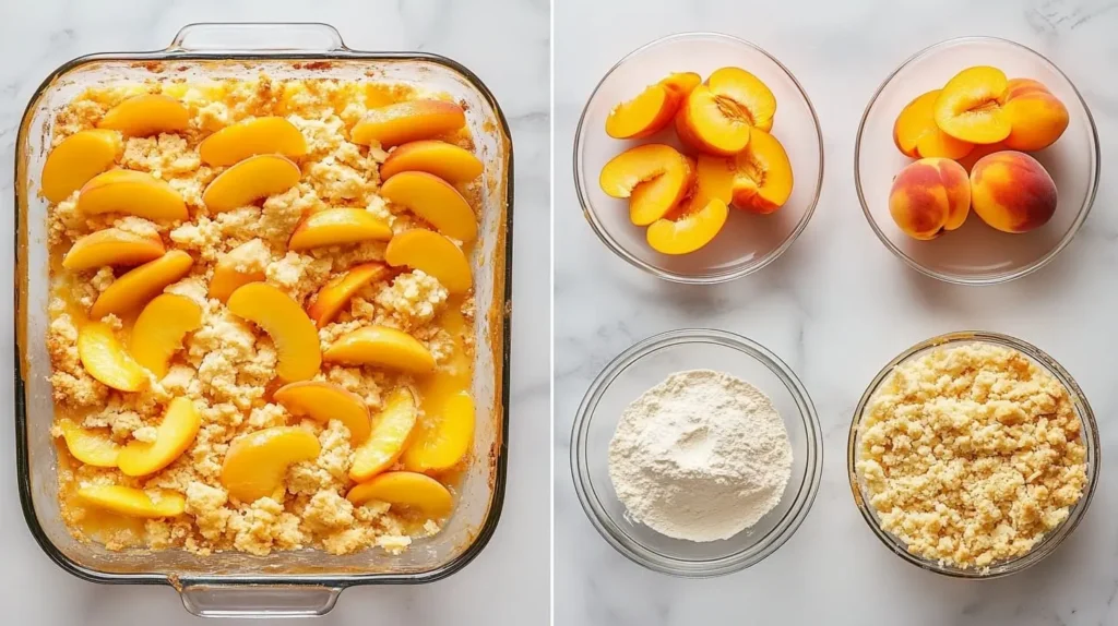 A four-step guide showing how to make peach crumble, from preparing the peach filling to making the crumble topping and baking the dessert.