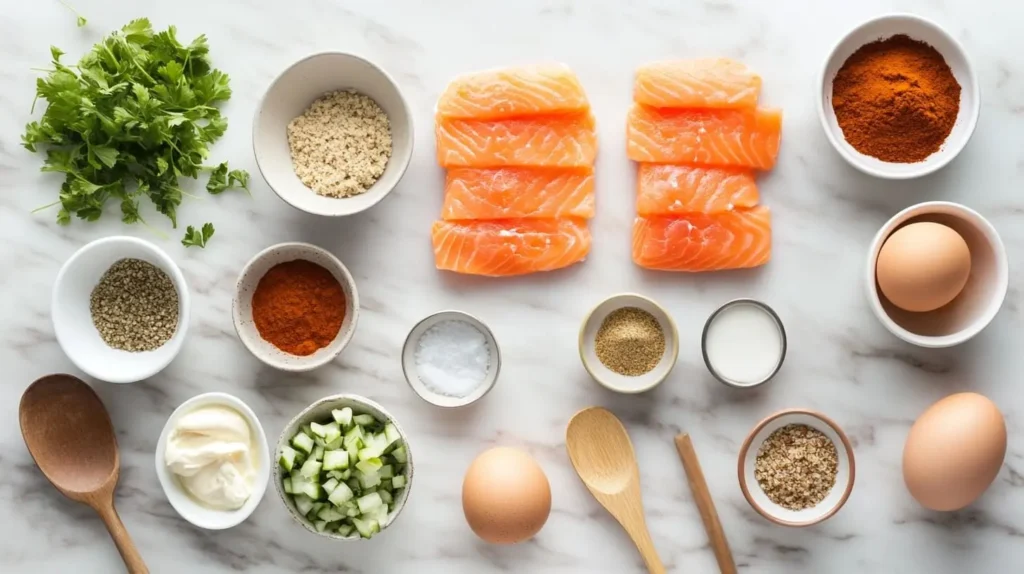 A flat lay of Southern salmon patties ingredients, including canned salmon, breadcrumbs, eggs, vegetables, and seasonings, displayed on a marble countertop.

