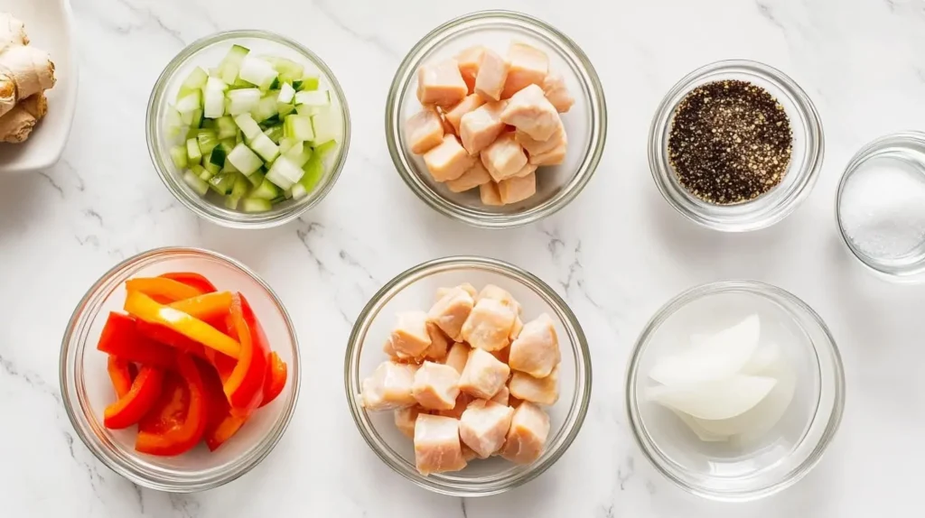 Organized ingredients for black pepper chicken, including chicken, black pepper, soy sauce, and vegetables, displayed on a marble countertop.