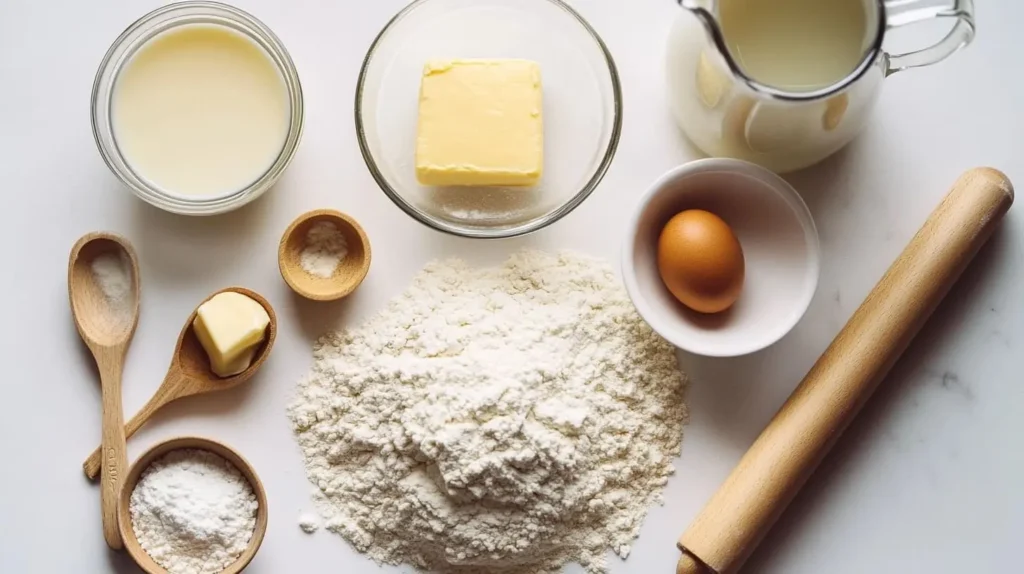 Ingredients for making Gipfeli, including flour, butter, milk, sugar, yeast, and an egg yolk, neatly arranged on a marble countertop.