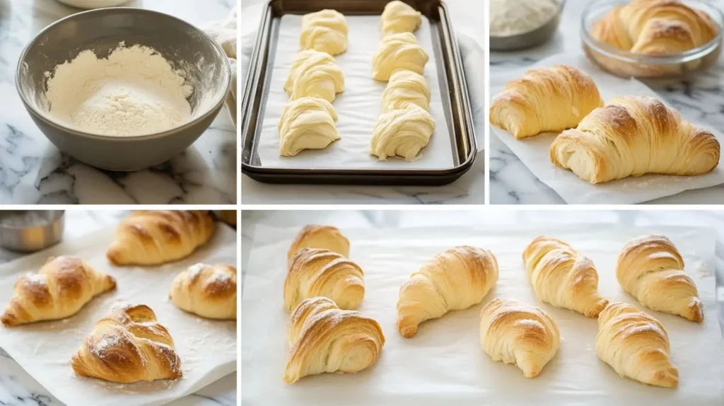 Step-by-step process of making Gipfeli, including mixing the dough, kneading, shaping, and baking, displayed on a marble countertop.