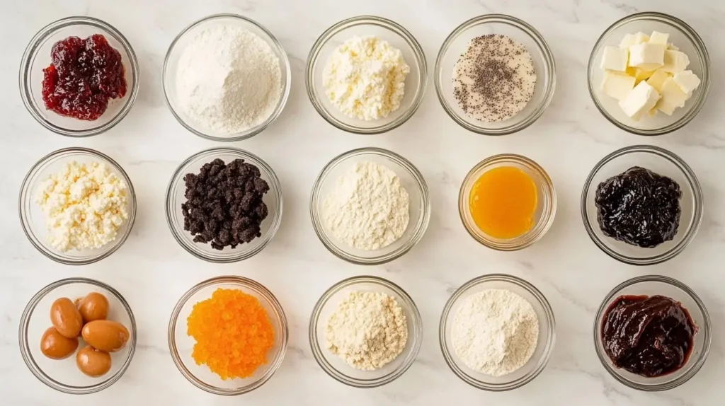 Ingredients for hamantaschen, including flour, butter, eggs, sugar, and various fillings, neatly arranged on a marble countertop.