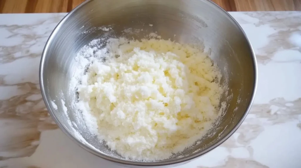 A close-up of a mixing bowl with sugar being added. An electric mixer is being used to blend butter and sugar together until the mixture becomes light and fluffy.