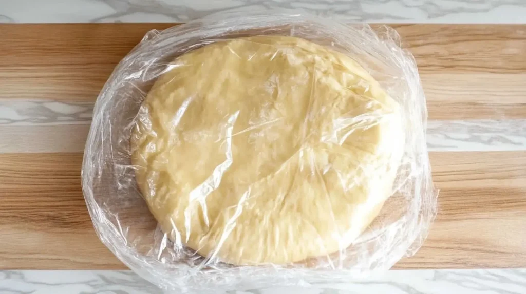 A round, flattened disk of dough wrapped in plastic wrap, ready to be placed in the refrigerator for chilling for several hours or overnight.