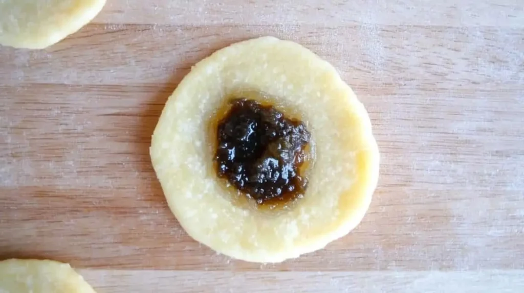 A baking surface with round dough circles laid out. A teaspoon of filling is placed in the center of each circle. Unused dough circles are covered with a lightly damp towel to keep them from drying out.







