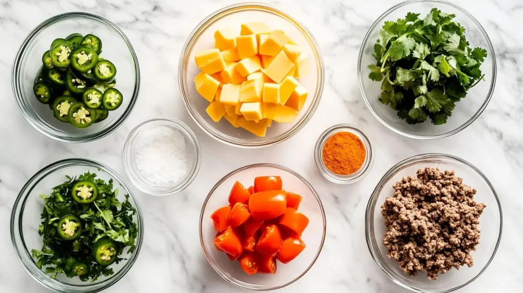 Organized ingredients for Rotel dip, including Velveeta cheese, Rotel tomatoes, ground beef, and seasonings, displayed on a marble countertop.