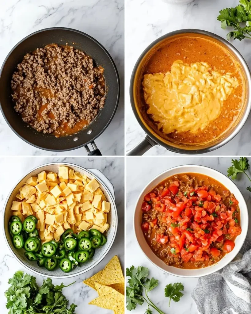 Step-by-step process of making Rotel dip, including cooking ground beef, melting cheese, mixing ingredients, and serving the finished dip.