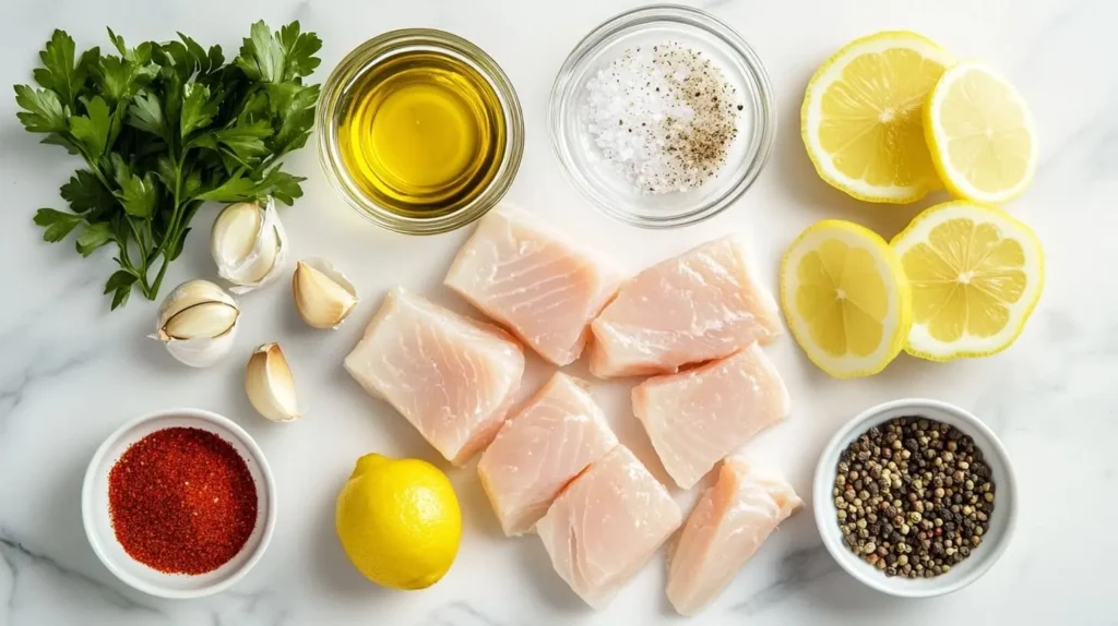 Ingredients for swordfish recipe, including swordfish steaks, olive oil, lemon, garlic, salt, pepper, and herbs, displayed on a marble countertop.