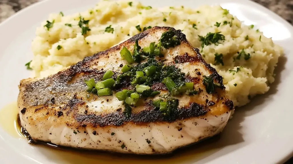 A beautifully plated grilled swordfish steak with cauliflower mash.