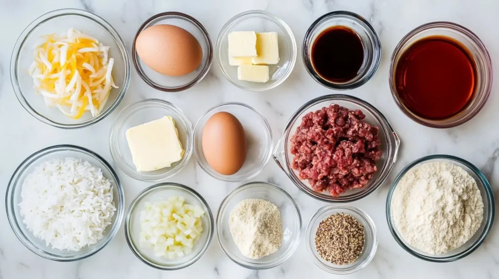 Organized ingredients for Loco Moco, including ground beef, rice, eggs, and seasonings, displayed on a marble countertop.