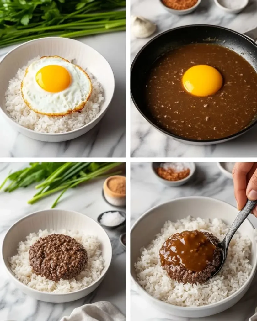 Step-by-step process of making Loco Moco, including preparing the beef patties, cooking, making gravy, and assembling the dish.