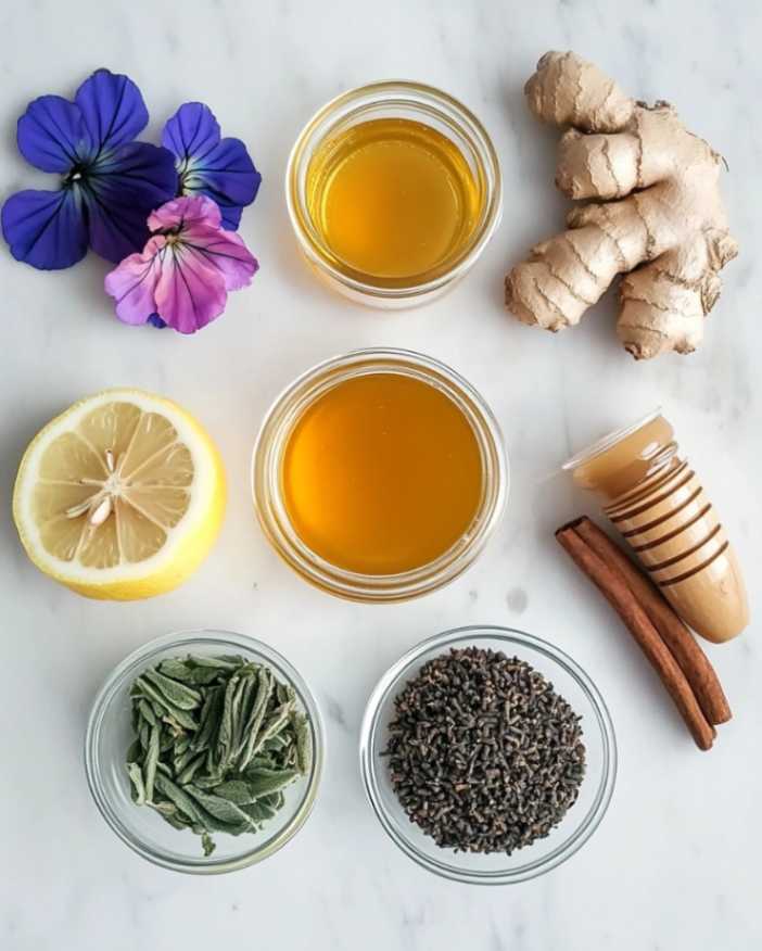 brazilian-mounjaro-recipe (2) Flat lay of Brazilian Mounjaro ingredients including ACV, lemon, ginger, and butterfly pea flowers