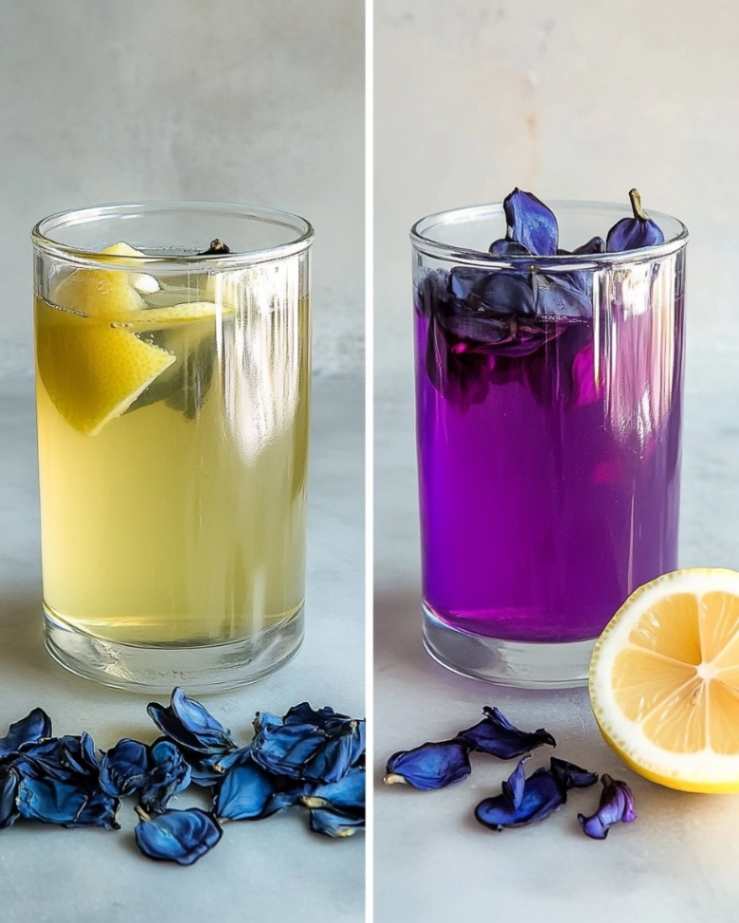 brazilian-mounjaro-recipe (3) Butterfly pea tea changing from blue to purple with lemon juice in Brazilian Mounjaro recipe